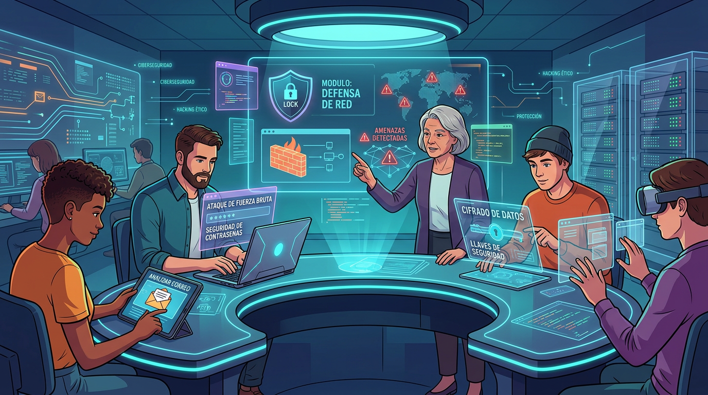 Grupo de personas aprendiendo y trabajando sobre ciberseguridad, protección de datos y defensa de red en un entorno tecnológico.