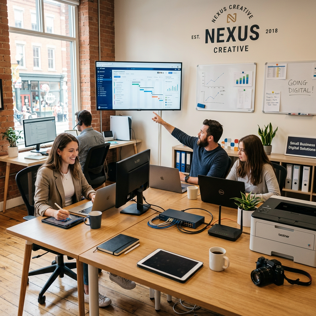 Four professionals working on laptops and discussing project charts in an office